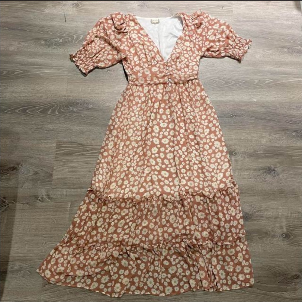 Altar’d State Dark Pink w/ White Flowers V neck Tiered Maxi Dress Size Medium